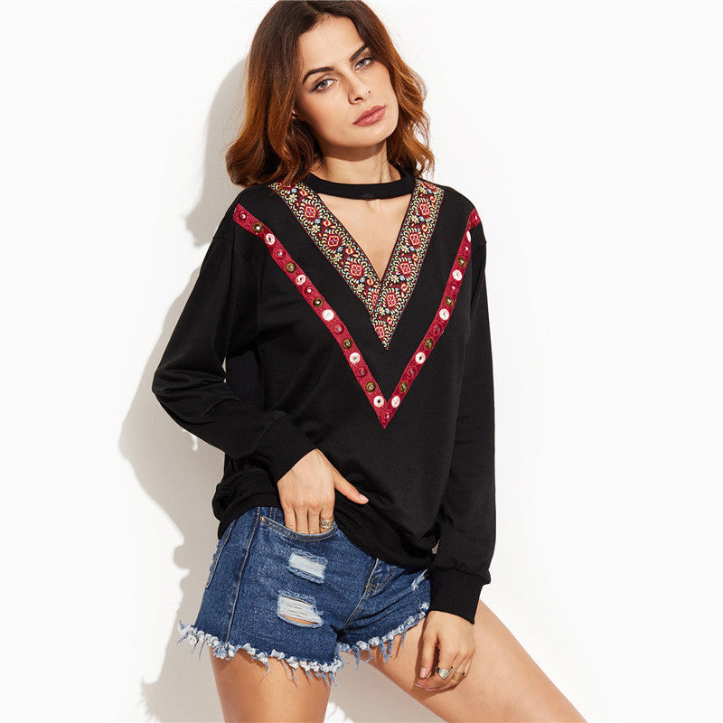 Women Vintage Black Embroidered V Neck Long Sleeve Sweatshirt