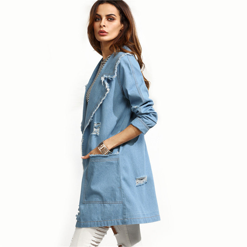 Autumn Casual Blue Trench Coat Pocket