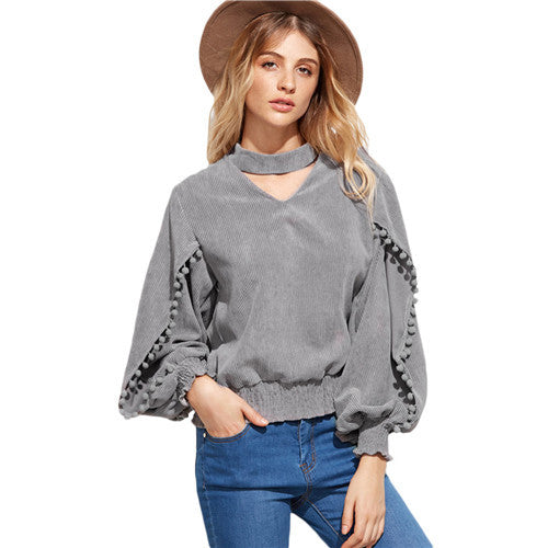 V Neck Long Lantern Sleeve Elastic Hem Pom-pom Detail Top