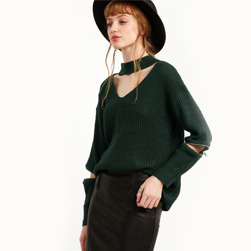 V Neck Loose Sweaters For Women with Cut Out Zipper Detail