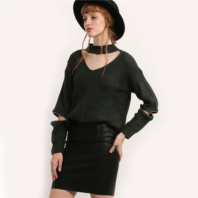 V Neck Loose Sweaters For Women with Cut Out Zipper Detail