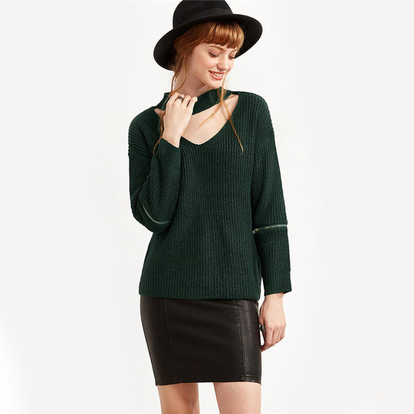 V Neck Loose Sweaters For Women with Cut Out Zipper Detail