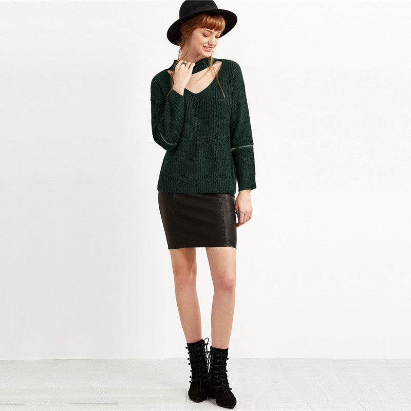 V Neck Loose Sweaters For Women with Cut Out Zipper Detail