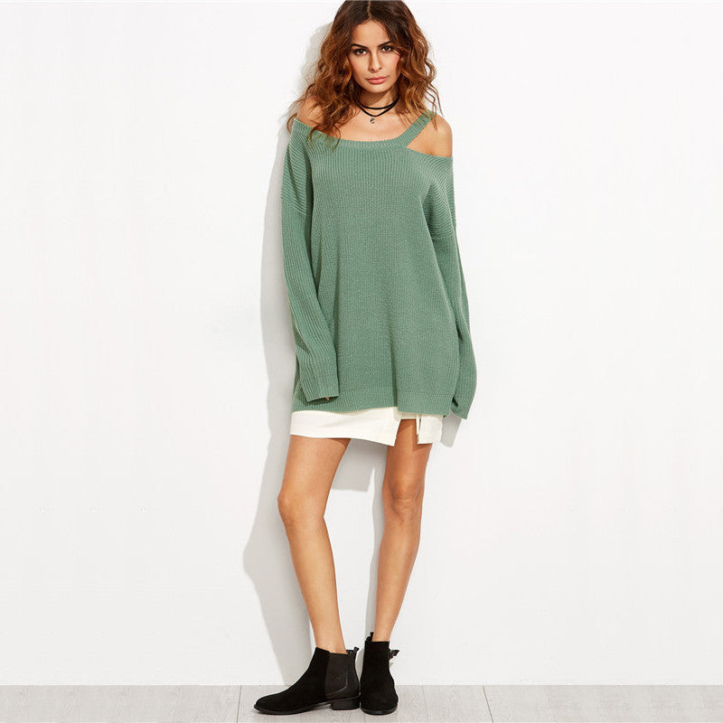 Long Sleeve Asymmetric Cold Shoulder Long Sweater