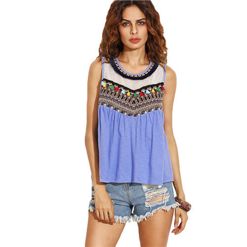 Casual  Blue Round Neck Sleeveless Embroidered Tape Detail Tassel Tank Top