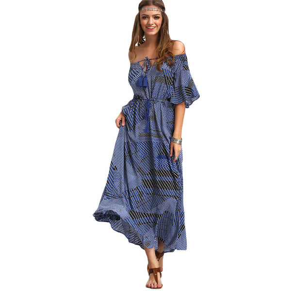 Vintage Womens Half Sleeve Off The Shoulder Tie-waist Ruffle Hem Maxi Dress