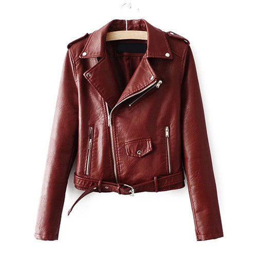 Lapel Long Sleeve Faux Leather Belted Moto Jacket With Zipper detail