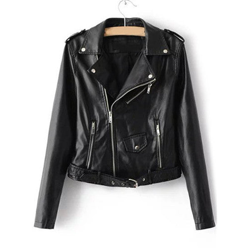 Lapel Long Sleeve Faux Leather Belted Moto Jacket With Zipper detail