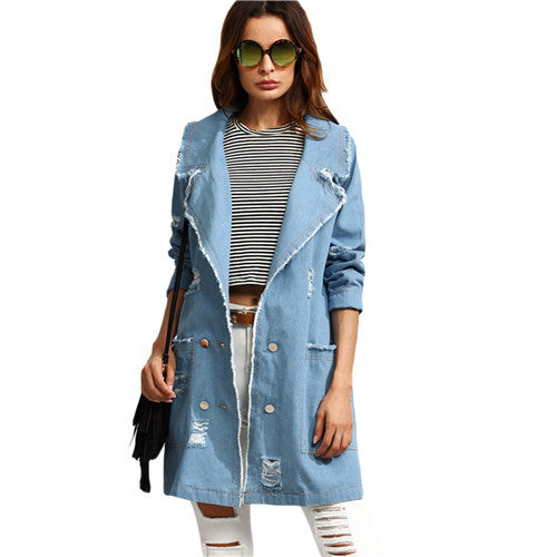 Autumn Casual Blue Trench Coat Pocket