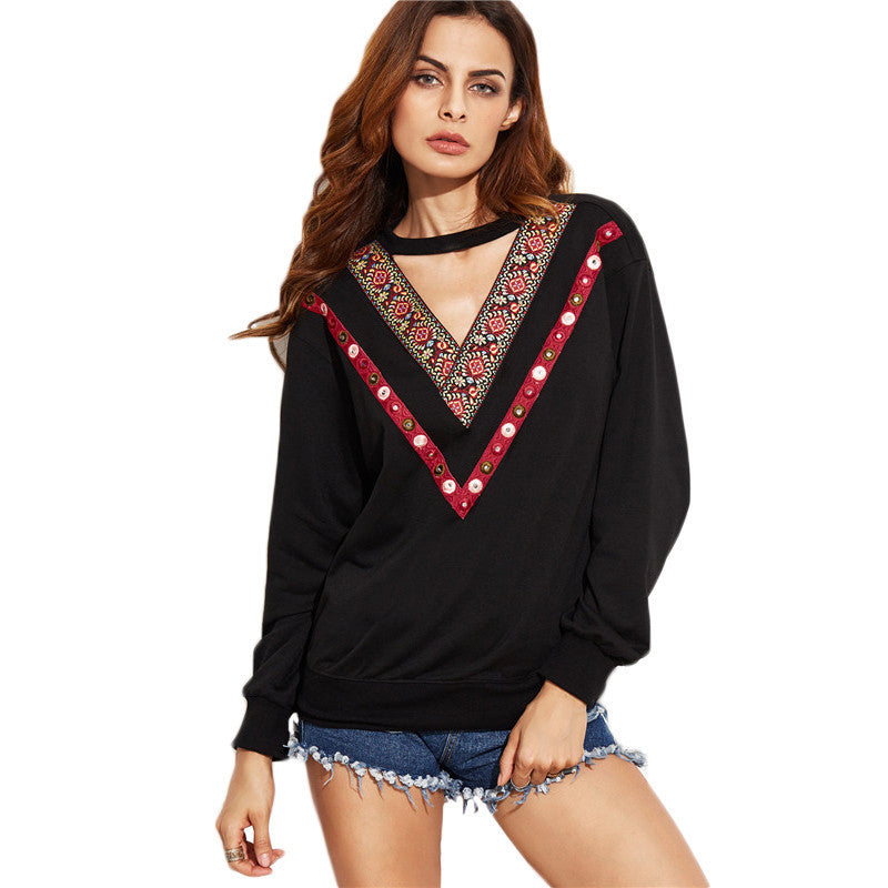 Women Vintage Black Embroidered V Neck Long Sleeve Sweatshirt