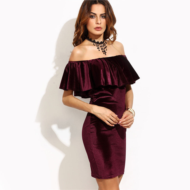 Ruffle Off The Shoulder Short Sleeve Velvet Bodycon Mini Dress