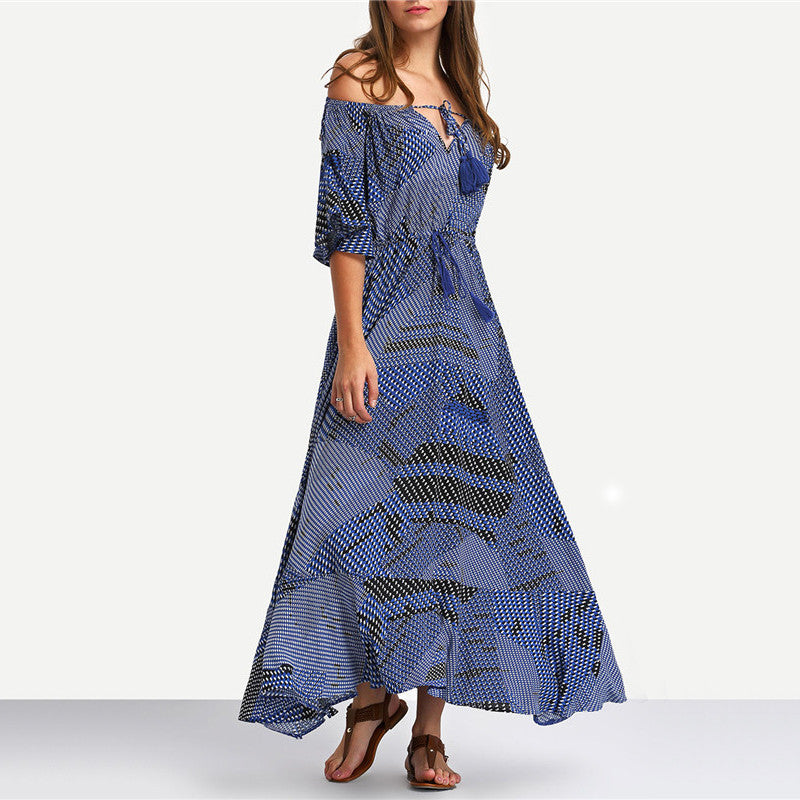 Vintage Womens Half Sleeve Off The Shoulder Tie-waist Ruffle Hem Maxi Dress