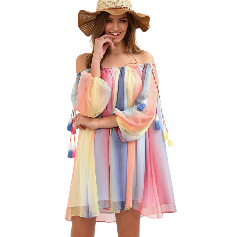 Women Short  Beach Multicolor  Off The Shoulder Tassel Shift Dress