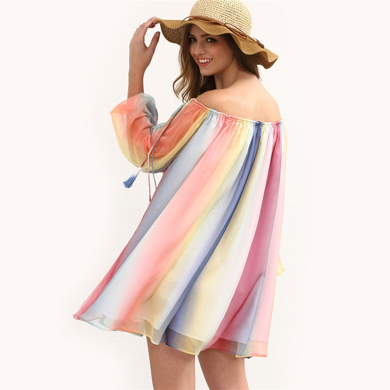 Women Short  Beach Multicolor  Off The Shoulder Tassel Shift Dress