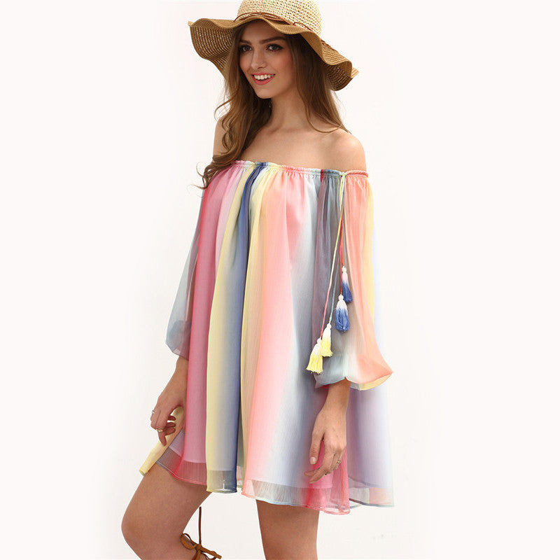 Women Short  Beach Multicolor  Off The Shoulder Tassel Shift Dress