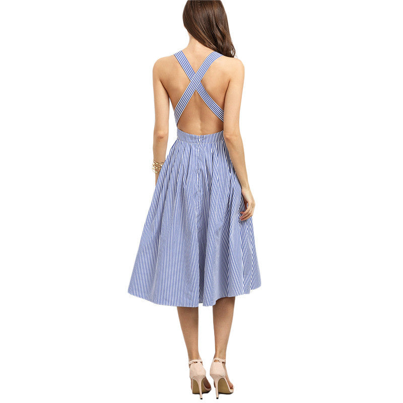 Blue Striped Square Neck Sleeveless Crisscross Back A Line Dress