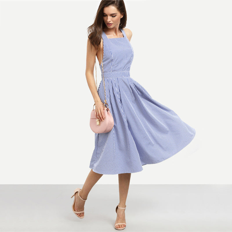 Blue Striped Square Neck Sleeveless Crisscross Back A Line Dress