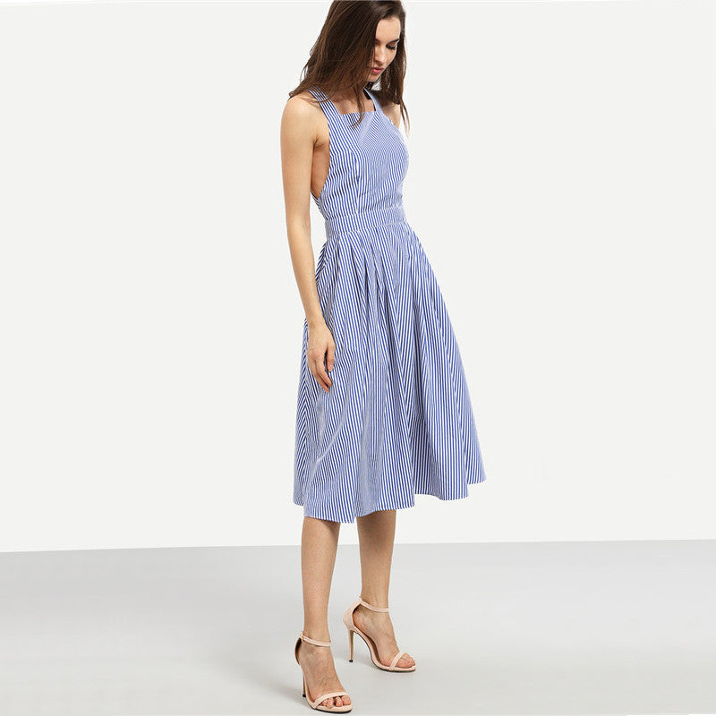 Blue Striped Square Neck Sleeveless Crisscross Back A Line Dress