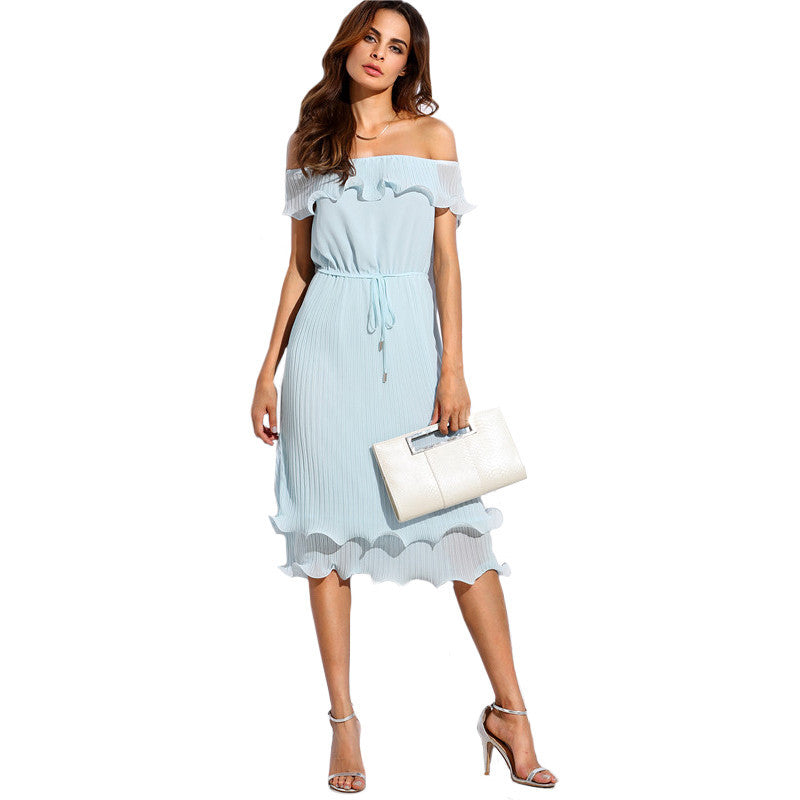 Plain Blue Off The Shoulder Ruffle Tie Waist Dress