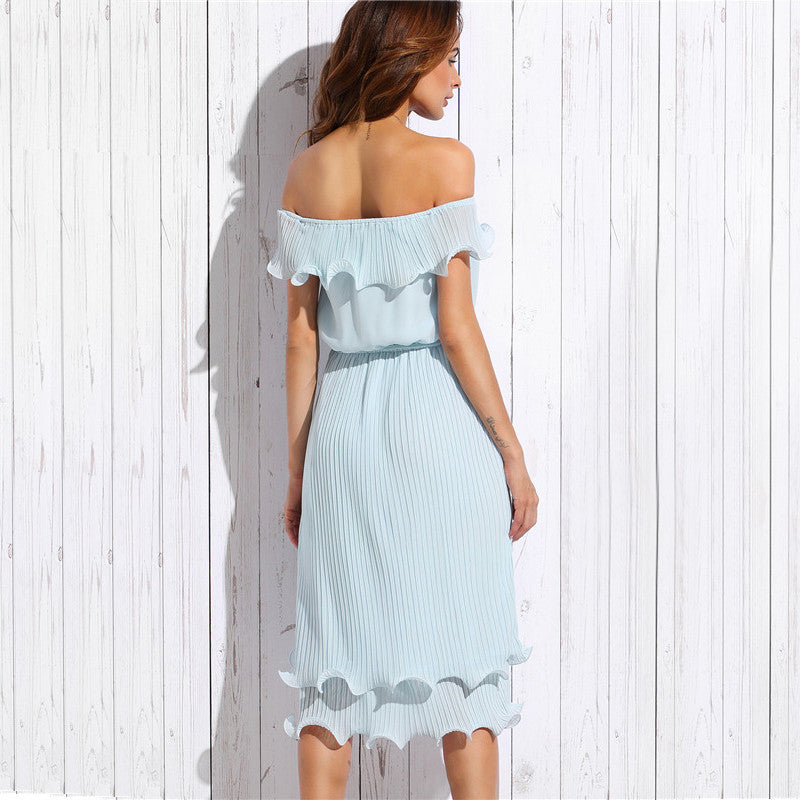 Plain Blue Off The Shoulder Ruffle Tie Waist Dress