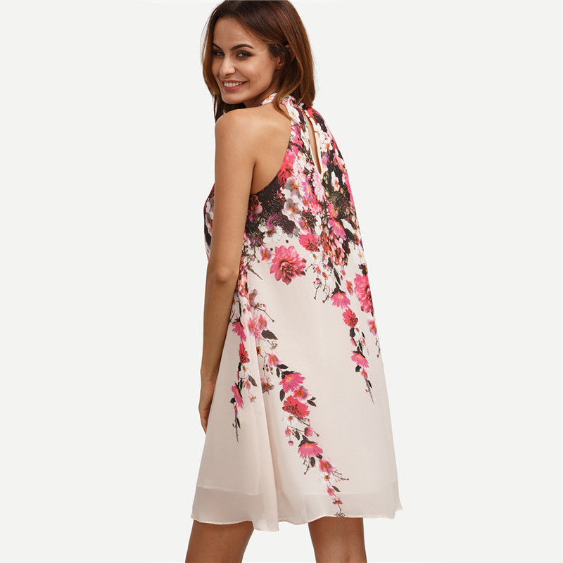 Round Neck Floral Cut Out Sleeveless Shift Dress