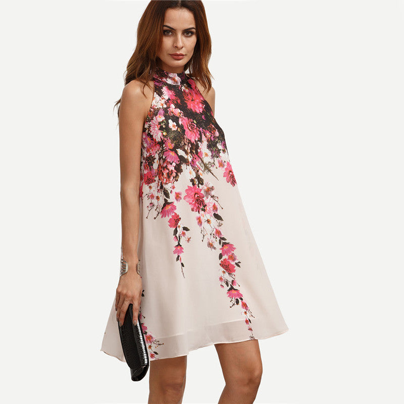 Round Neck Floral Cut Out Sleeveless Shift Dress