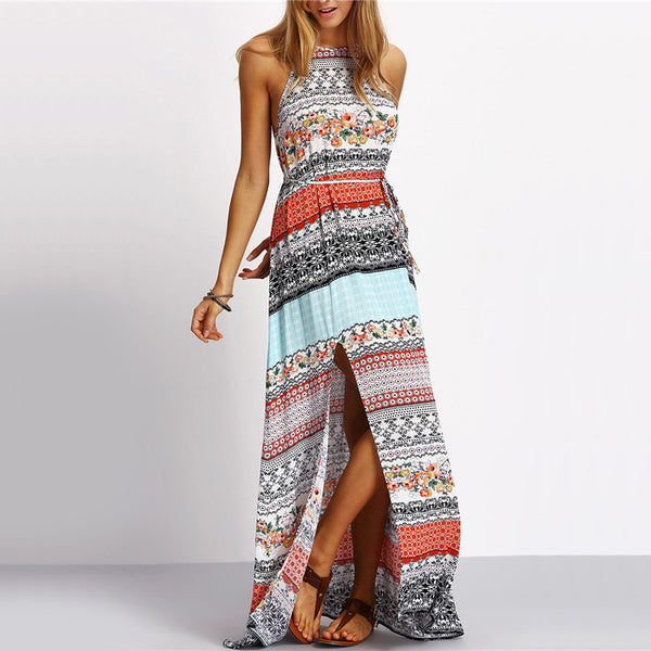 Beach Casual Multicolor Vintage Print A Line Split Maxi Dress