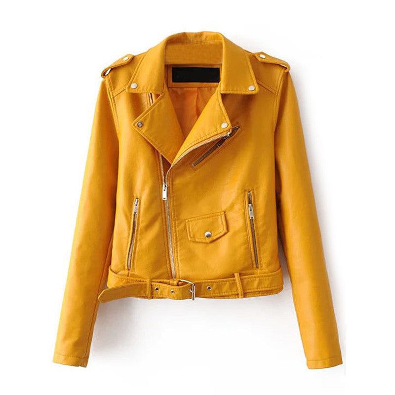 Lapel Long Sleeve Faux Leather Belted Moto Jacket With Zipper detail