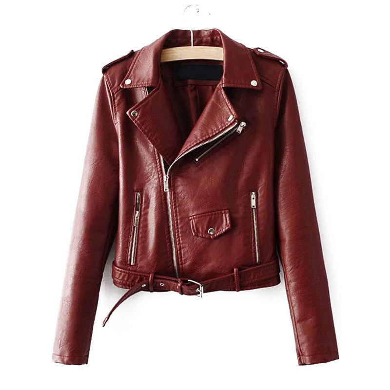 Lapel Long Sleeve Faux Leather Belted Moto Jacket With Zipper detail