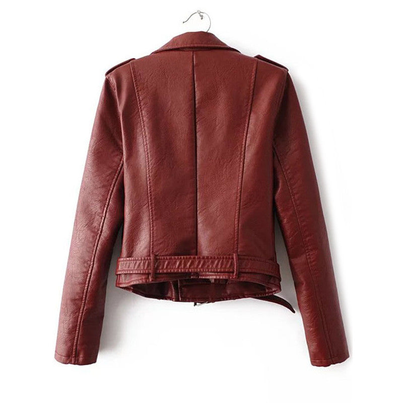 Lapel Long Sleeve Faux Leather Belted Moto Jacket With Zipper detail