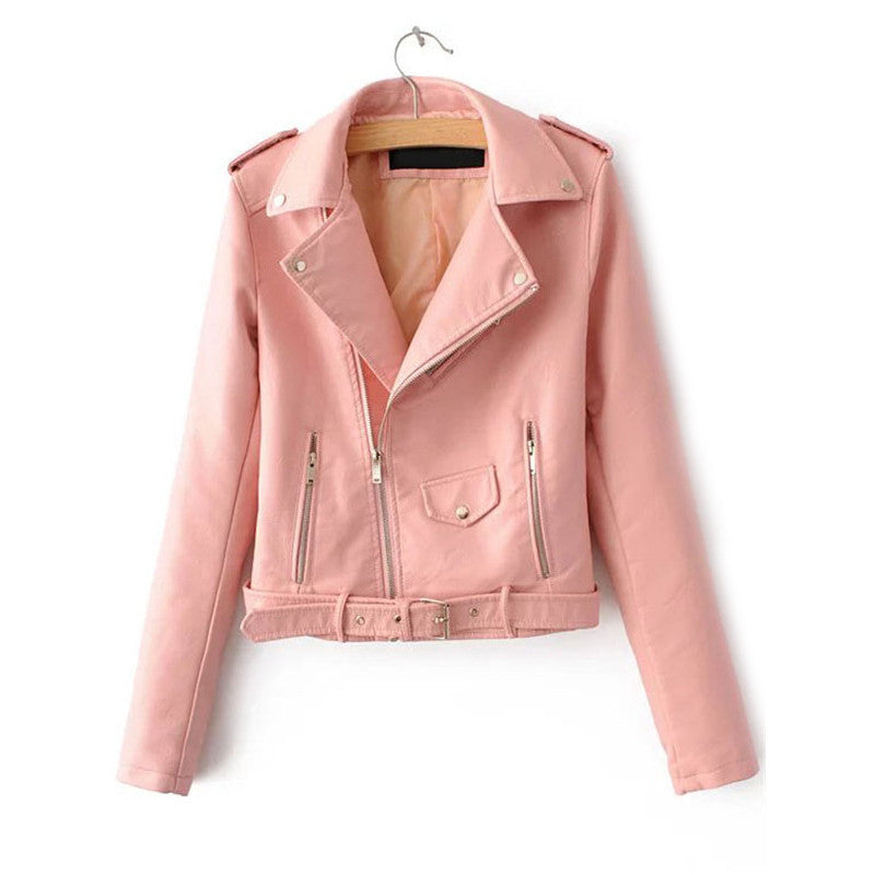 Lapel Long Sleeve Faux Leather Belted Moto Jacket With Zipper detail