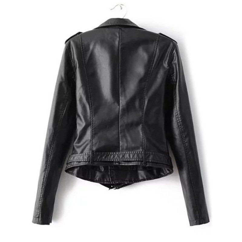 Lapel Long Sleeve Faux Leather Belted Moto Jacket With Zipper detail