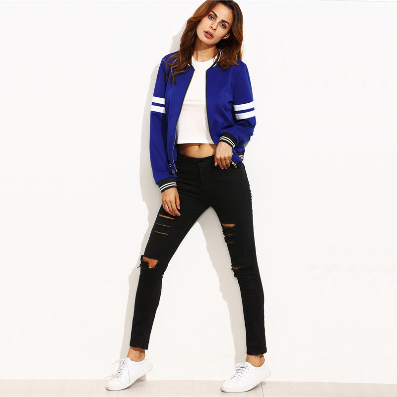 Contrast Trim Stand Collar Long Sleeve Zipper Baseball Jacket Coat