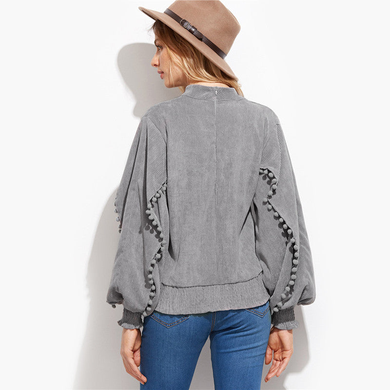 V Neck Long Lantern Sleeve Elastic Hem Pom-pom Detail Top