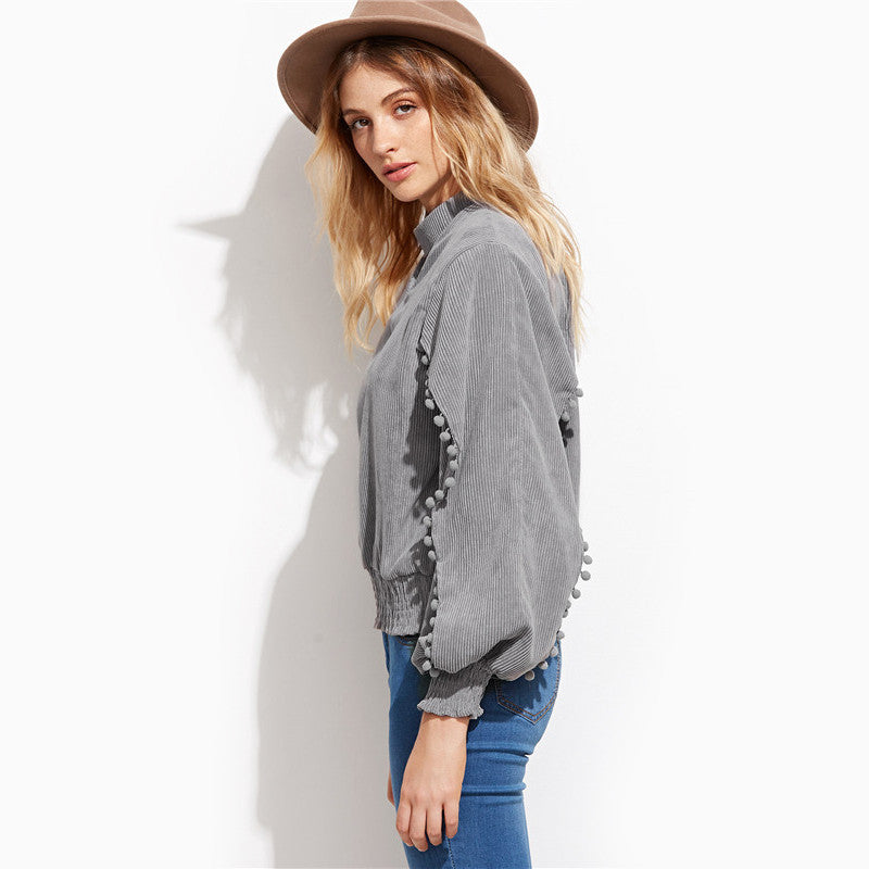 V Neck Long Lantern Sleeve Elastic Hem Pom-pom Detail Top