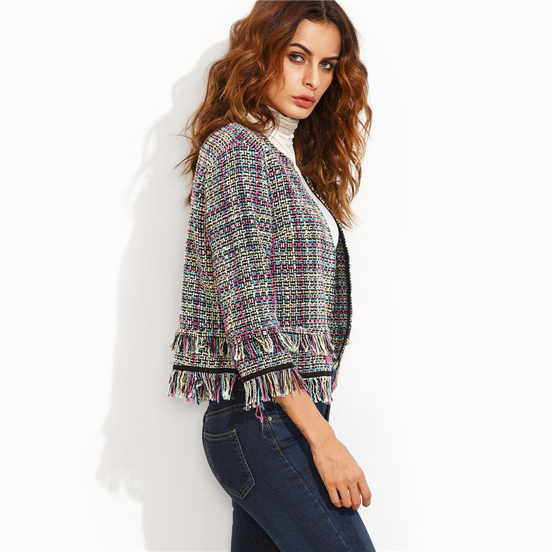 Multicolor Tassel Hem Collarless Three Quarter Length Sleeve Outwear Fitted Short Blazer