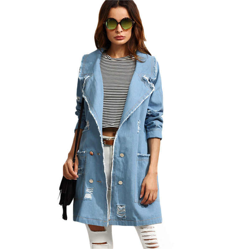 Autumn Casual Blue Trench Coat Pocket