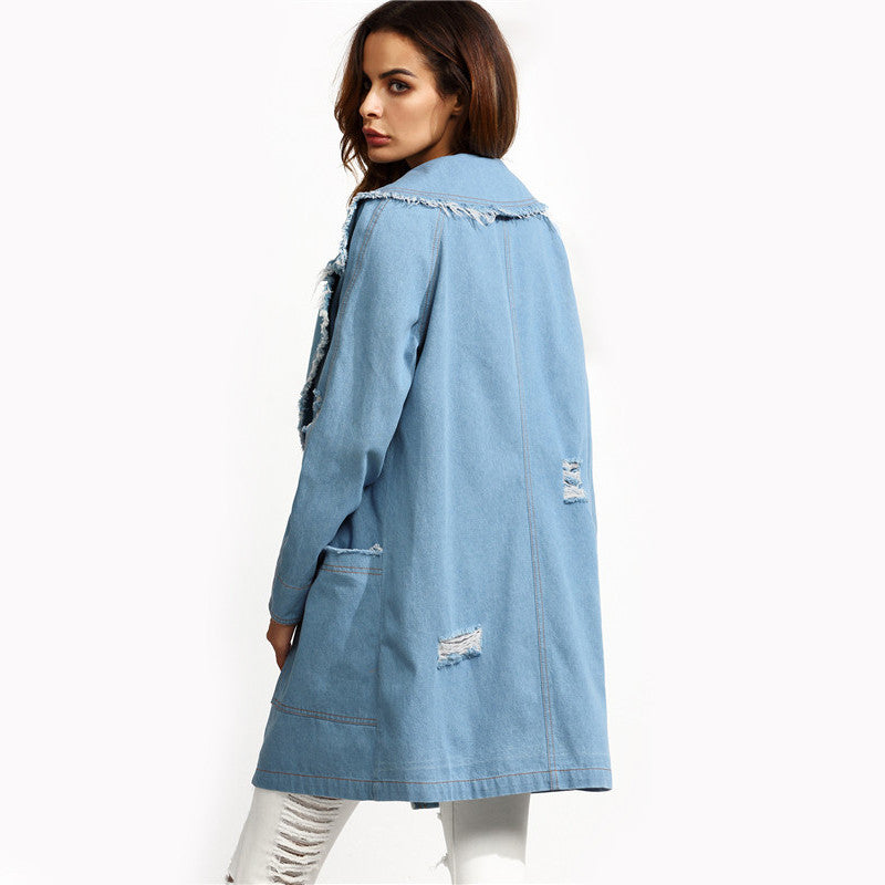 Autumn Casual Blue Trench Coat Pocket