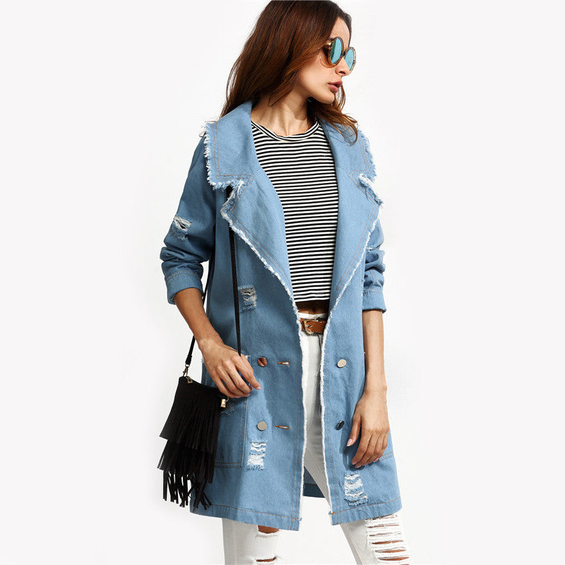 Autumn Casual Blue Trench Coat Pocket