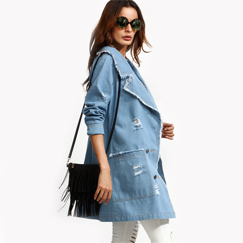 Autumn Casual Blue Trench Coat Pocket