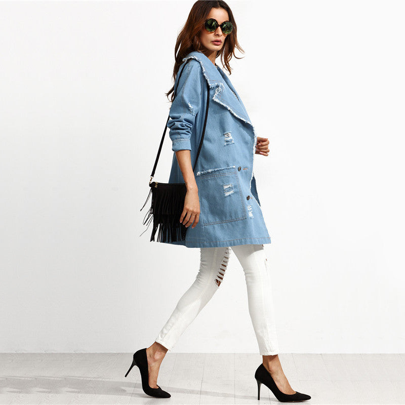 Autumn Casual Blue Trench Coat Pocket