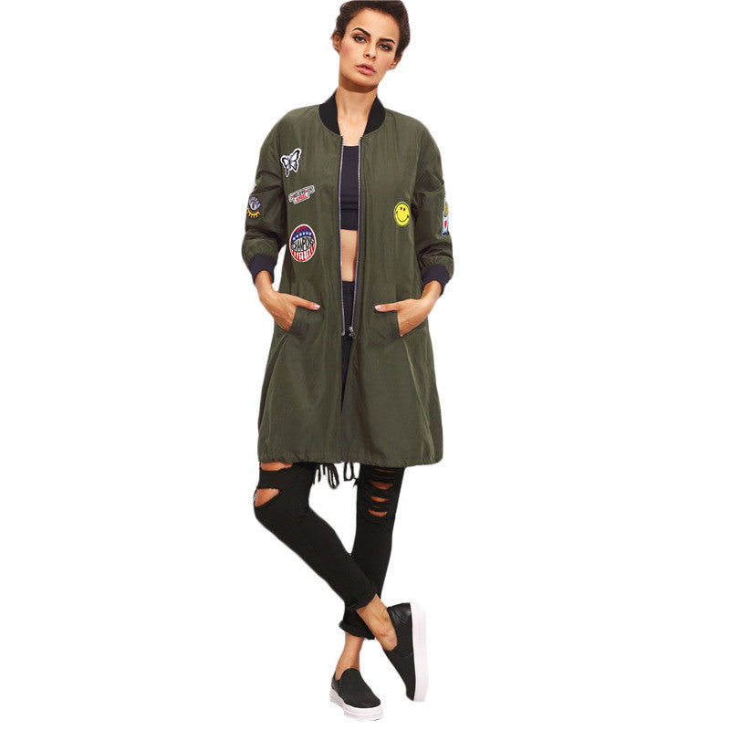 Army Green PU Leather Patch Pocket Zipper Stand Collar Long Sleeve Jacket Coat